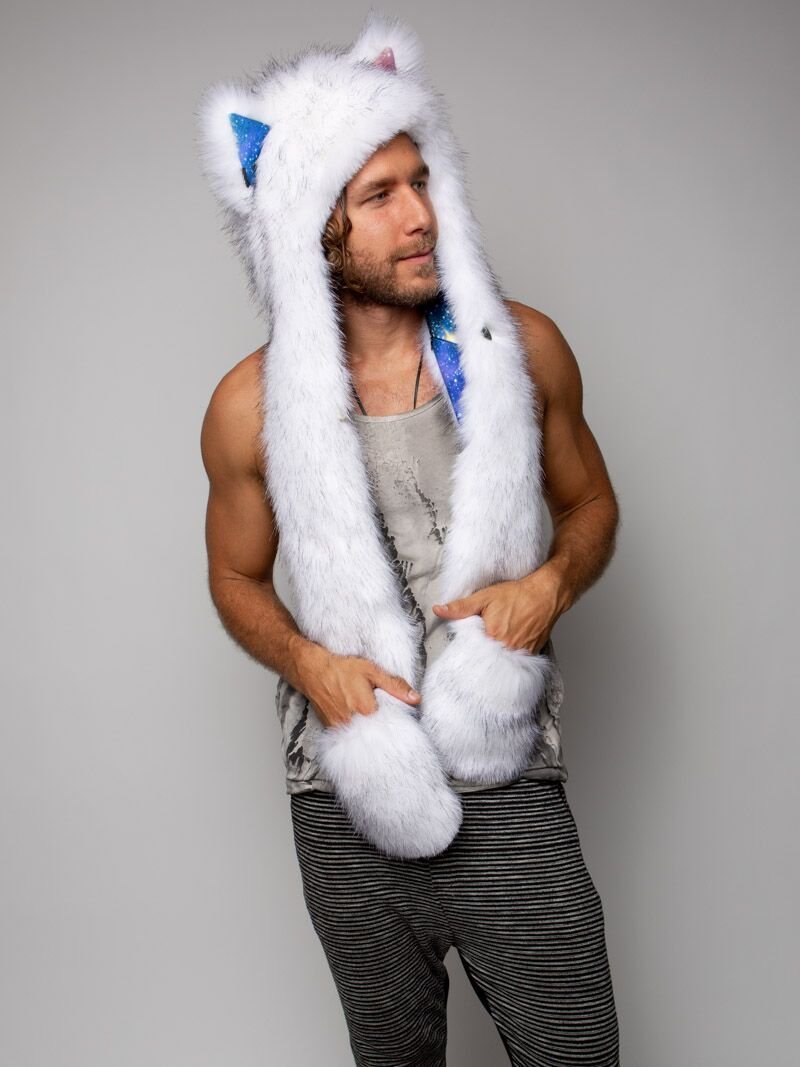 Man wearing faux fur Collector Edition Husky Galaxy SpiritHood