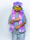 Man wearing faux fur CatsInSpace Cotton Candy Kitty CE SpiritHood, front view 3