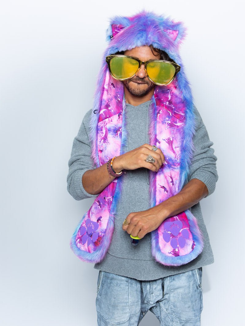 Man wearing faux fur CatsInSpace Cotton Candy Kitty CE SpiritHood, front view 3