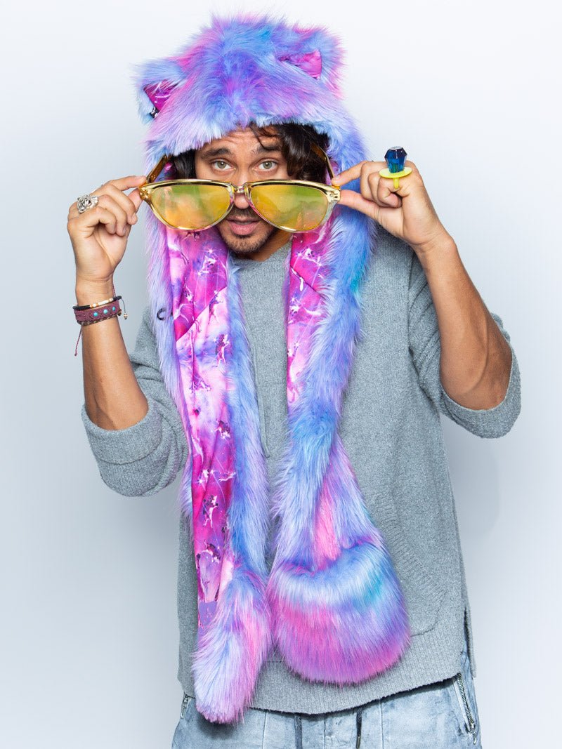 Man wearing faux fur CatsInSpace Cotton Candy Kitty CE SpiritHood, front view 1