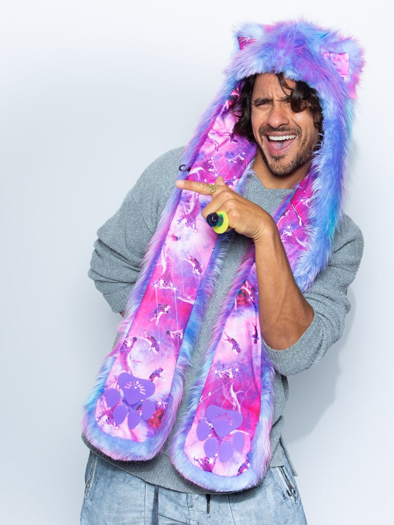 Man wearing faux fur CatsInSpace Cotton Candy Kitty CE SpiritHood, front view 2
