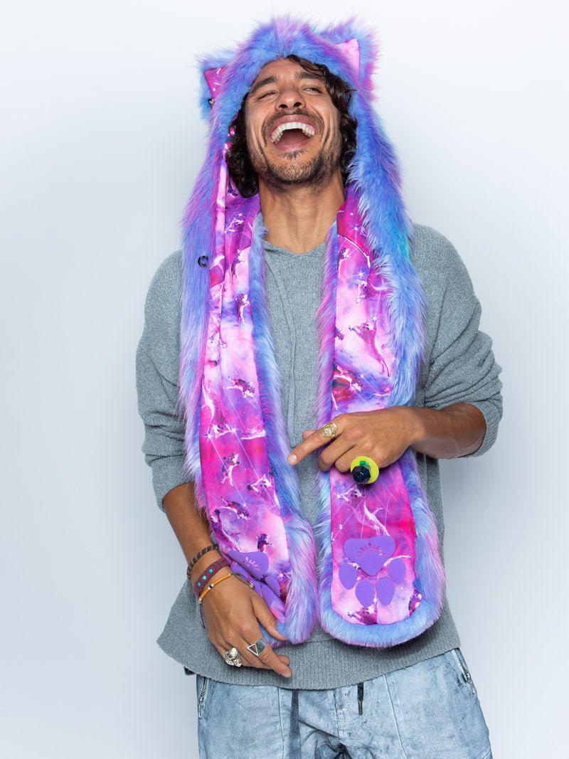 Man wearing faux fur CatsInSpace Cotton Candy Kitty CE SpiritHood, front view 4