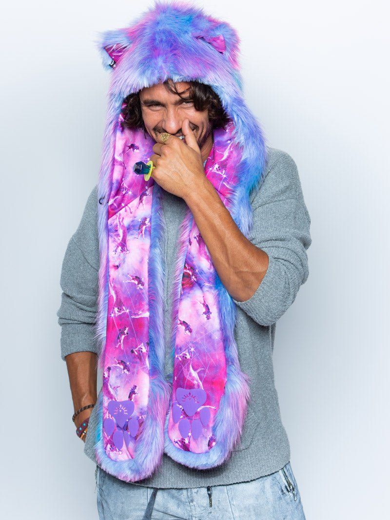 Man wearing faux fur CatsInSpace Cotton Candy Kitty CE SpiritHood, front view 6