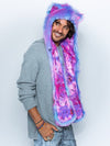 Man wearing faux fur CatsInSpace Cotton Candy Kitty CE SpiritHood, side view 1
