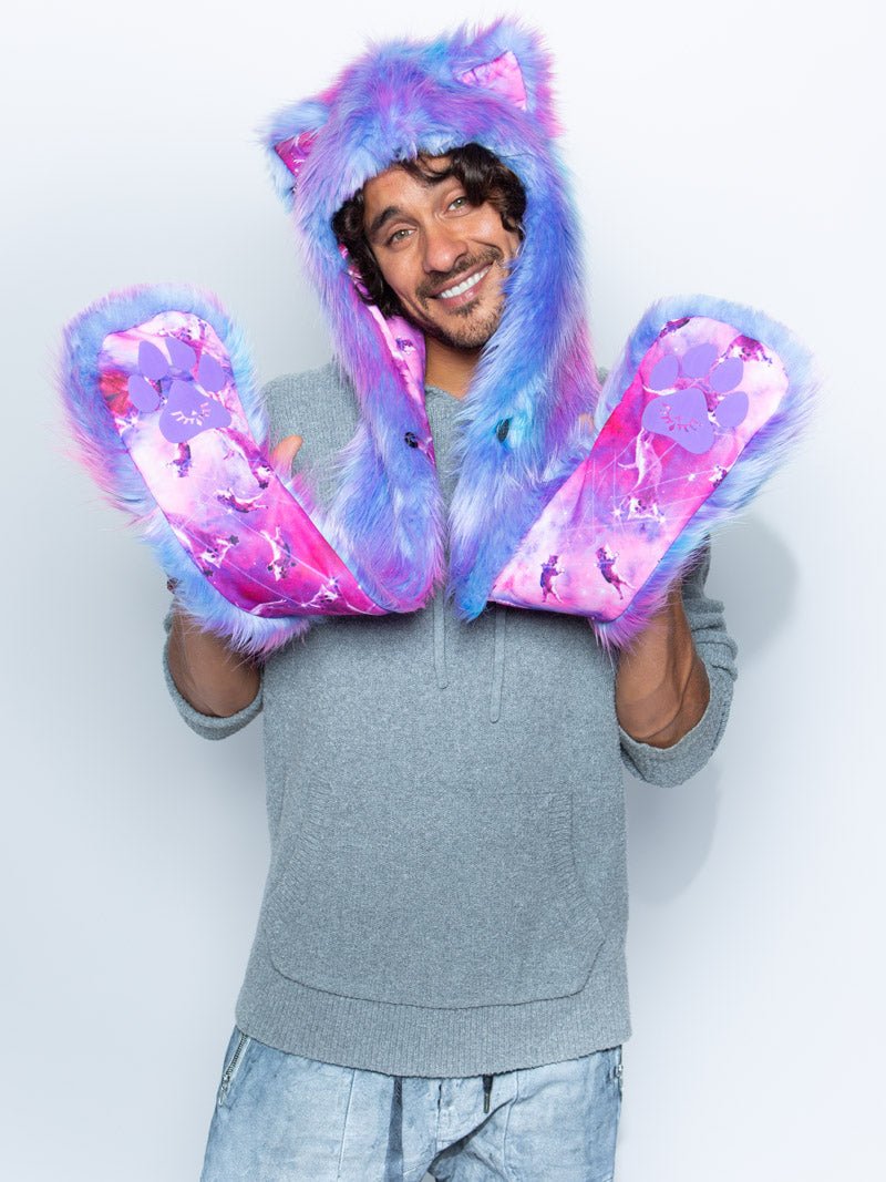 Man wearing faux fur CatsInSpace Cotton Candy Kitty CE SpiritHood, front view 5