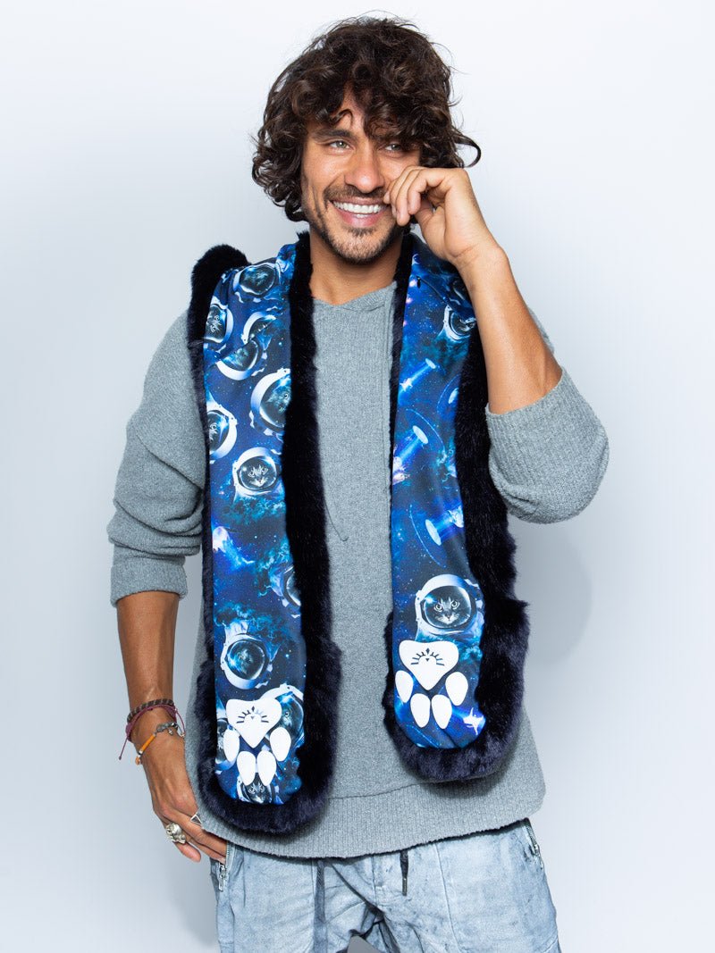 Man wearing faux fur CatsInSpace Midnight Catstronaut CE SpiritHood