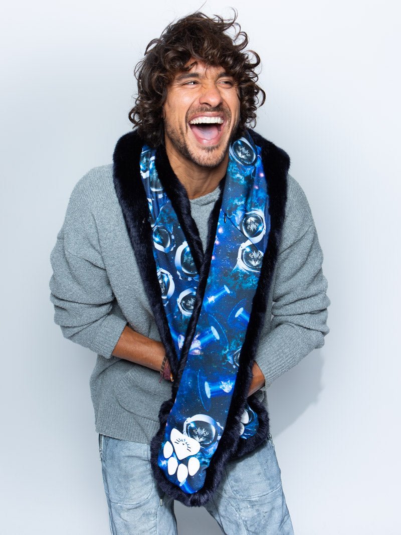 Man wearing faux fur CatsInSpace Midnight Catstronaut CE SpiritHood, front view 2