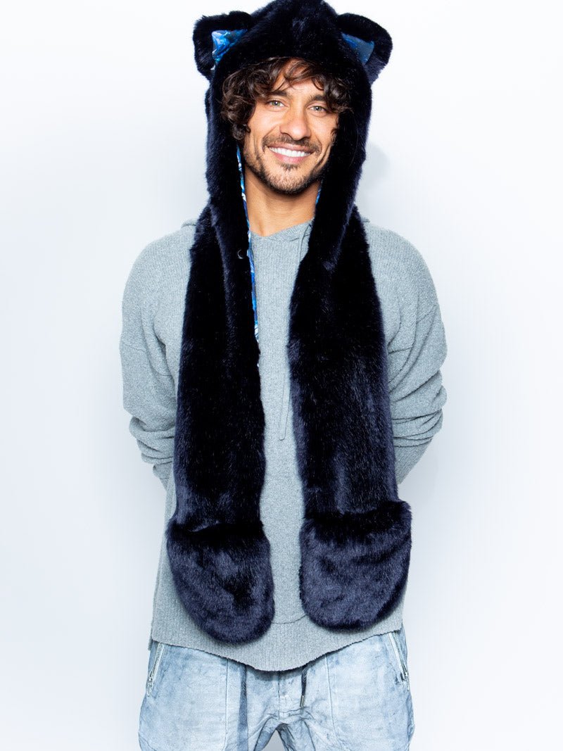 Man wearing faux fur CatsInSpace Midnight Catstronaut CE SpiritHood, front view 1