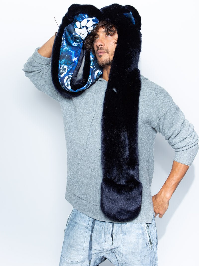 Man wearing faux fur CatsInSpace Midnight Catstronaut CE SpiritHood