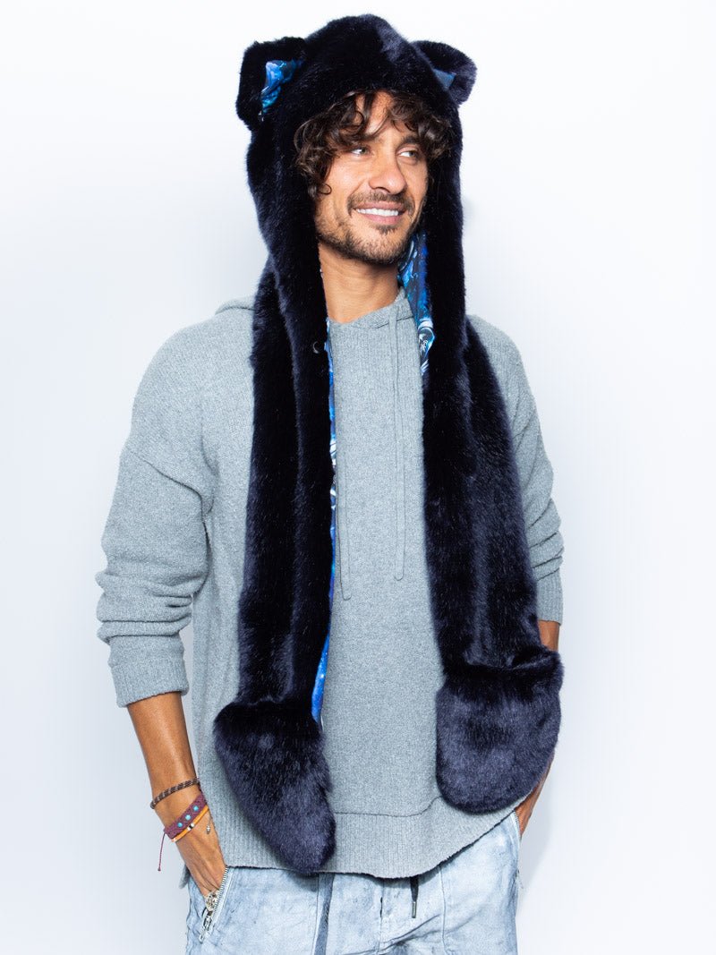 Man wearing faux fur CatsInSpace Midnight Catstronaut CE SpiritHood, side view