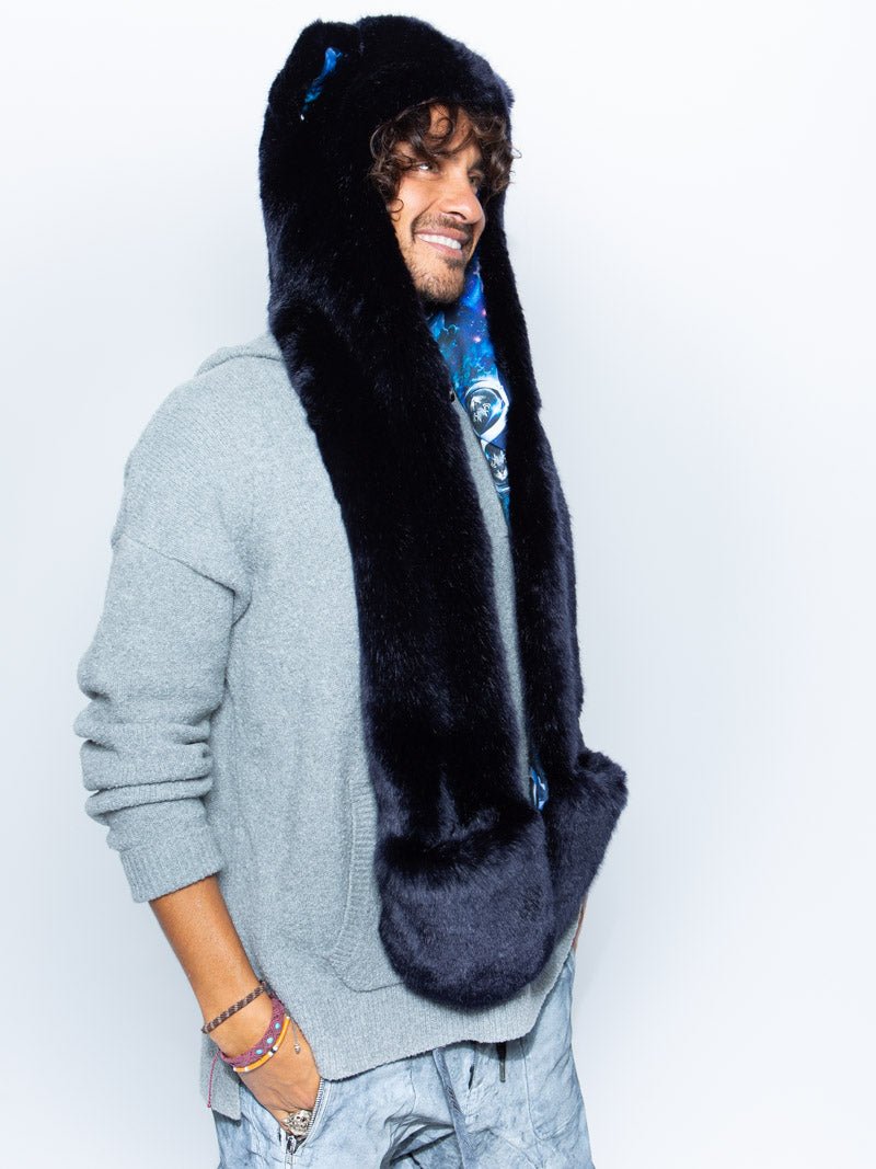 Man wearing faux fur CatsInSpace Midnight Catstronaut CE SpiritHood, side view 1