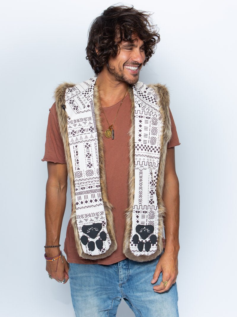 Man wearing faux fur Coyote Collector Edition SpiritHood, front view 1