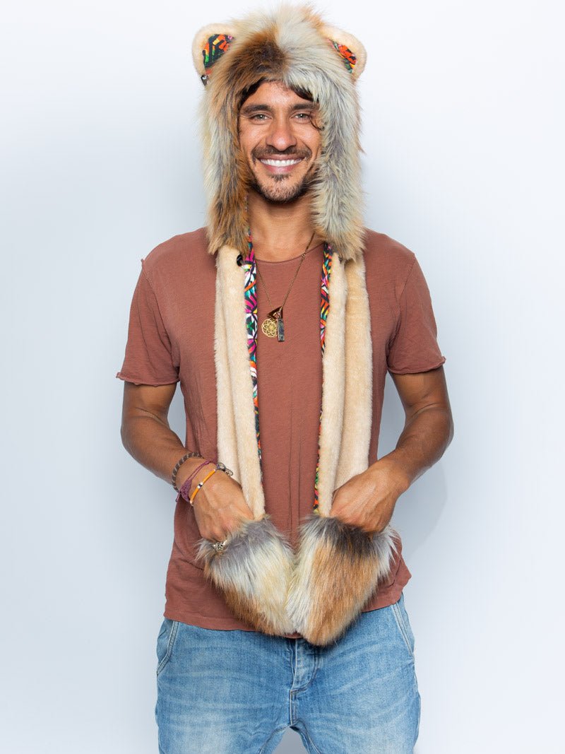 Man wearing faux fur Collector Edition Rangoli Lion SpiritHood