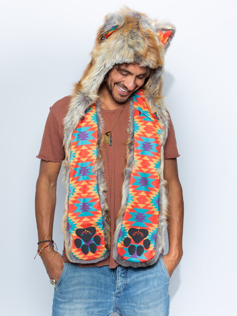 Man wearing faux fur Desert Sunrise Fox CE SpiritHood, front view 1
