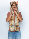 Man wearing faux fur Desert Sunrise Fox CE SpiritHood, front view 2