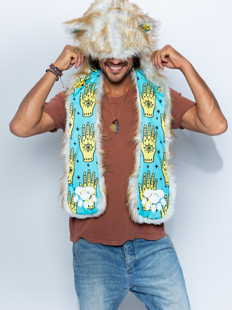 Man wearing Golden Hamsa Bear Collector Edition Faux Fur SpiritHood, front view 1