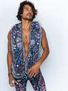 Man wearing faux fur Sacred Sailor Cat Collector SpiritHood, front view 2