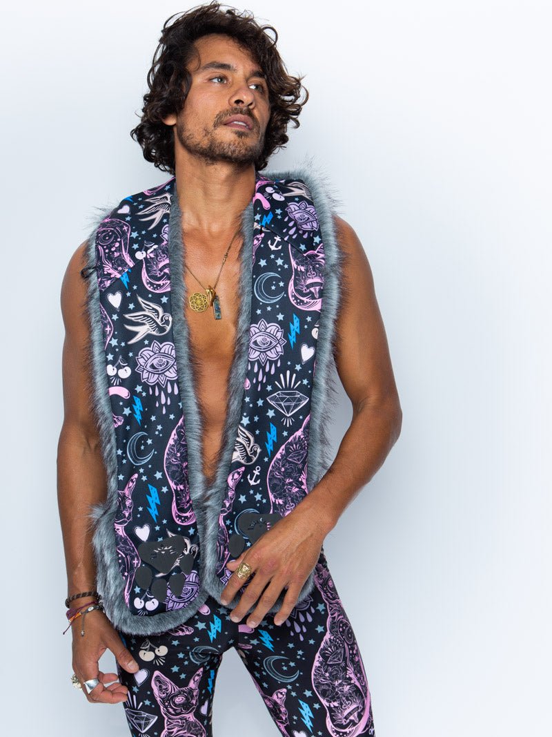 Man wearing faux fur Sacred Sailor Cat Collector SpiritHood, front view 2