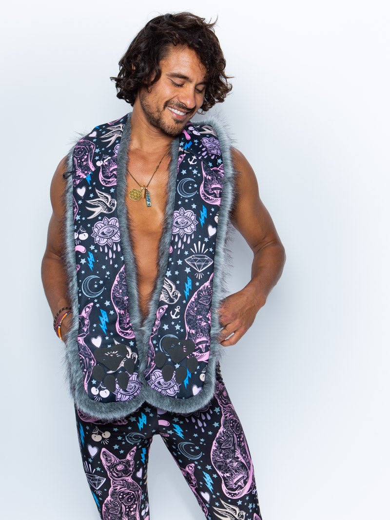 Man wearing faux fur Sacred Sailor Cat Collector SpiritHood, front view 1