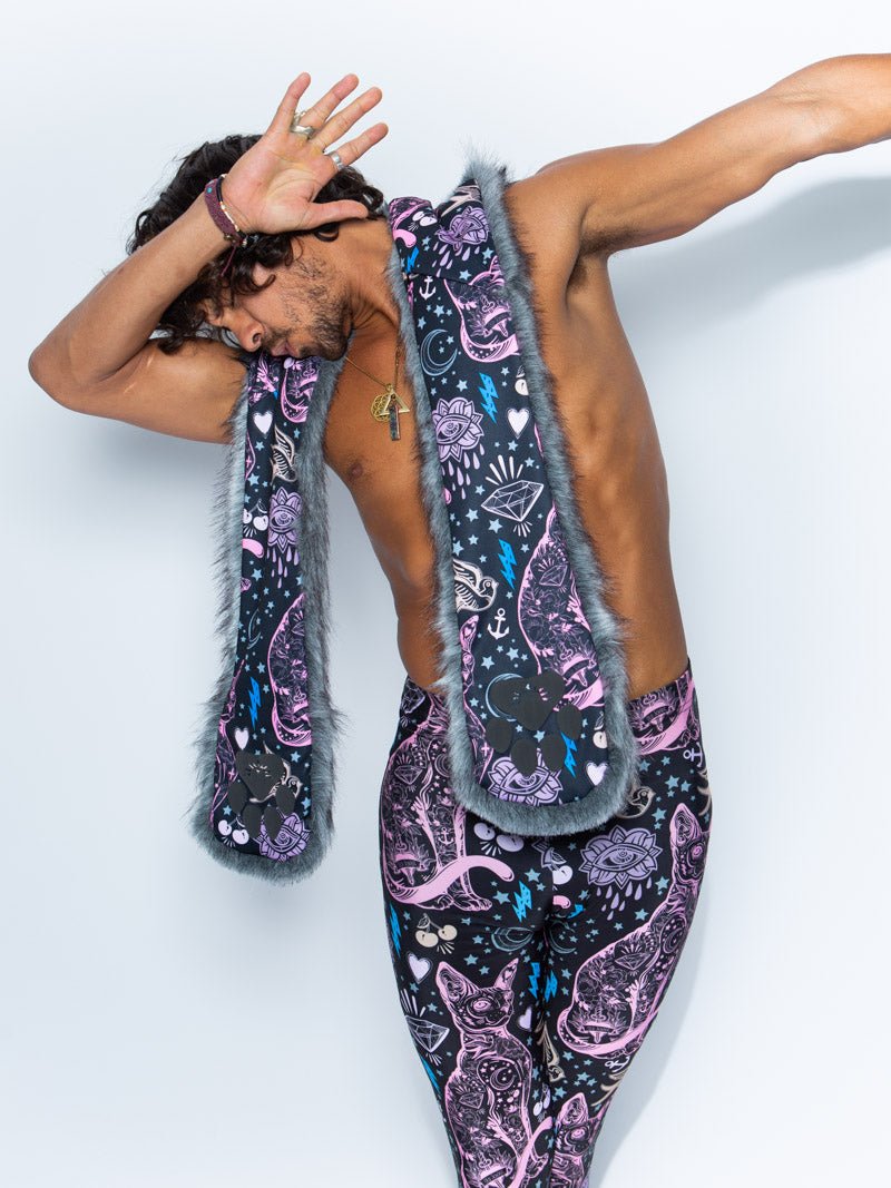 Man wearing faux fur Sacred Sailor Cat Collector SpiritHood, front view