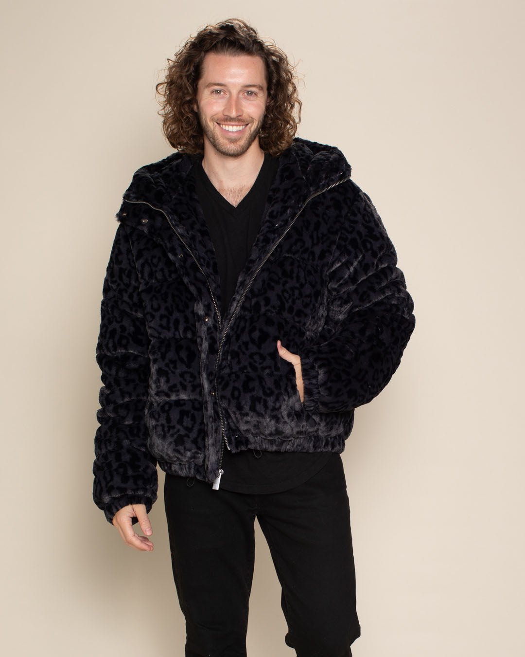 Men s Black Puffer Jacket With Hood Slate Leopard Print SpiritHoods