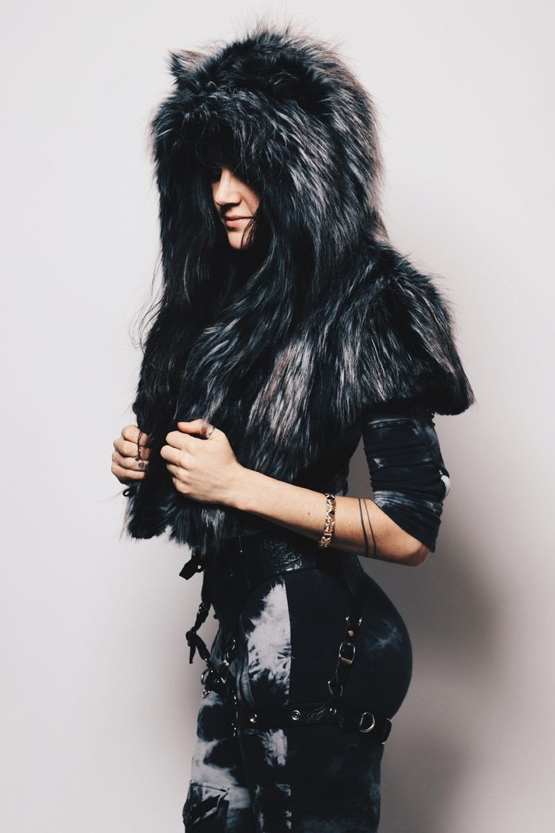 Black and Silver Limited Edition Night Fox Shawl SpiritHood on Female