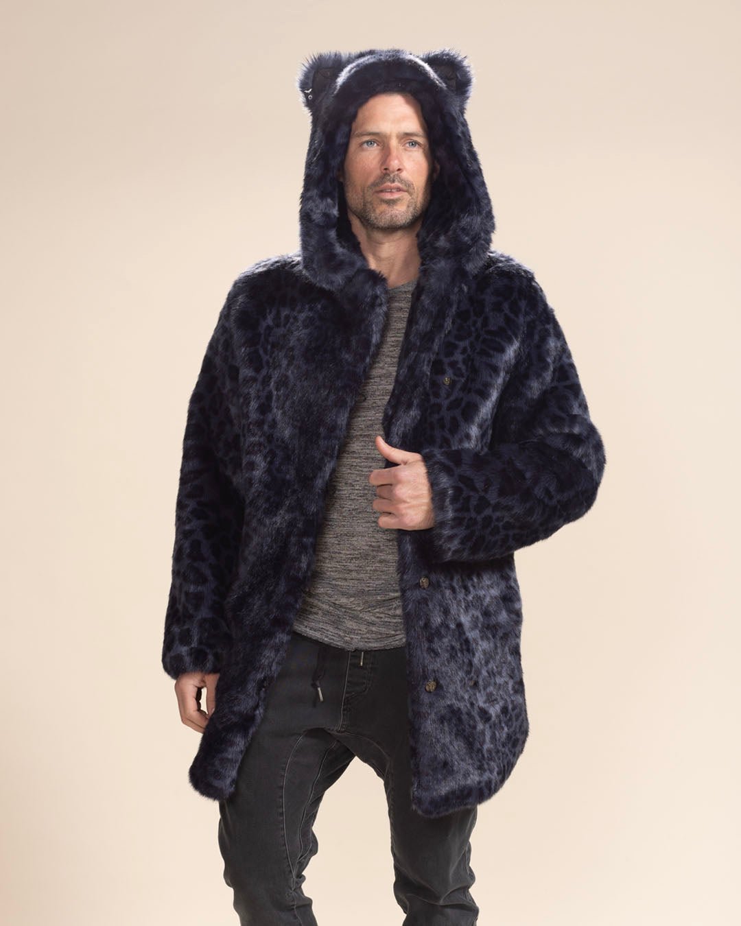 Mens Leopard Faux Fur Coat - Hooded Winter Jacket Thicken Furry Y2K Outerwear