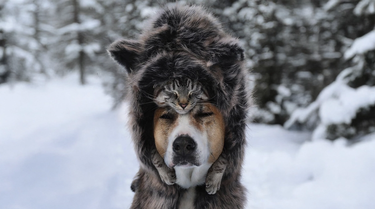 Dog wearing a fur hat in a snowy forest