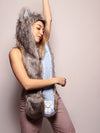 Woman wearing Faux Fur Collector Arctic Wolf SpiritHood, side view