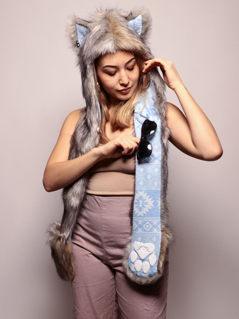 Woman wearing Faux Fur Collector Arctic Wolf SpiritHood, front view 3