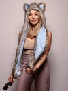 Woman wearing Faux Fur Collector Arctic Wolf SpiritHood, front view