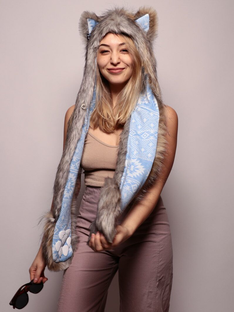 Woman wearing Faux Fur Collector Arctic Wolf SpiritHood, front view