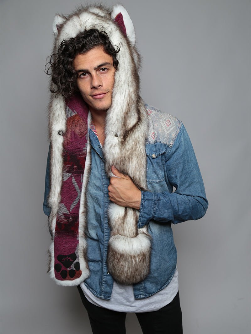 Man wearing faux fur Brown Husky Italy C.E. SpiritHood, front view 1