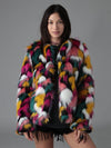 Woman wearing faux fur Butterfly Bomber Limited View coat, front view 2