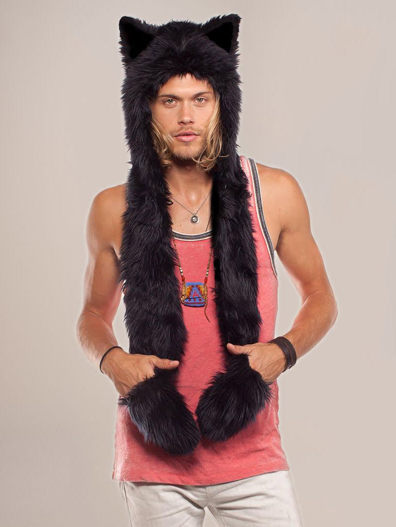 Black Wolf Faux Fur Men's Hood Hat with Ears SpiritHoods