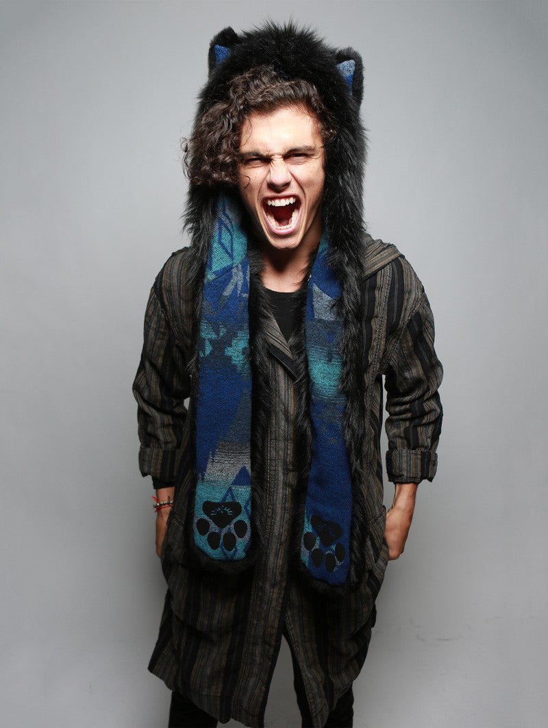 Man wearing faux fur Black Wolf Italy SpiritHood, front view 1