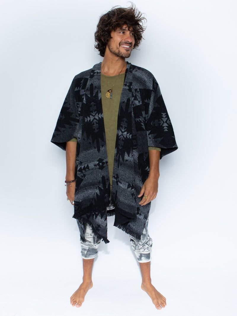 Man wearing Night Fox Fabric Poncho, front view 1