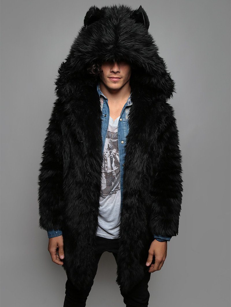 SpiritHoods LLC Black Wolf Hooded Faux Fur Coat | Men's XXL / Black