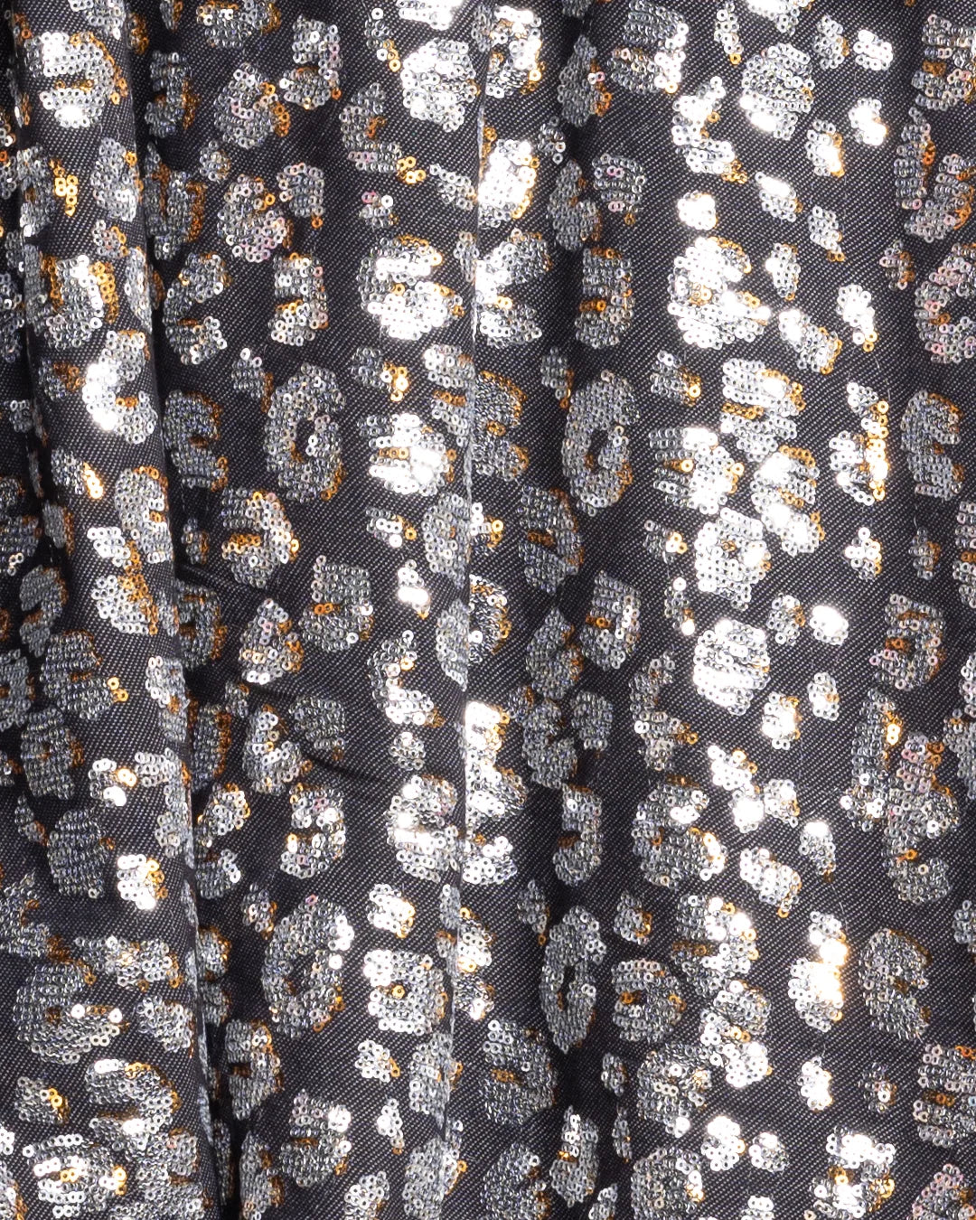 Close-up detail shot of metallic silver and gold sequin kimono fabric.