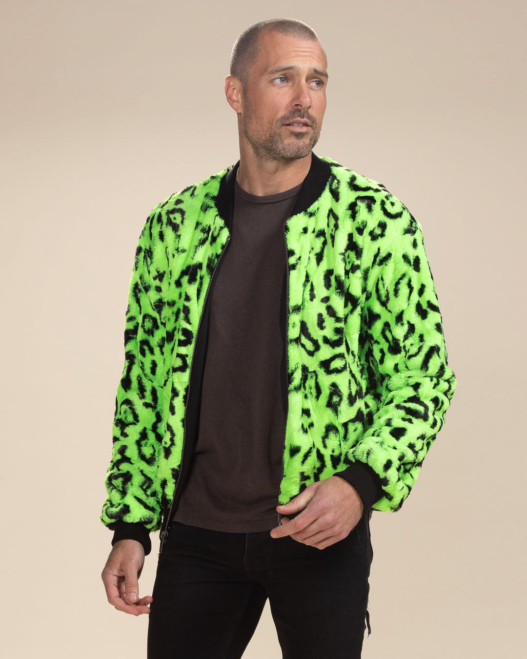 Neon Green Leopard Ultra Soft Faux Fur Bomber Jacket | Men's