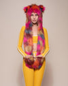 Woman wearing Calico Leopard Collector Edition Faux Fur Hood, front view 5