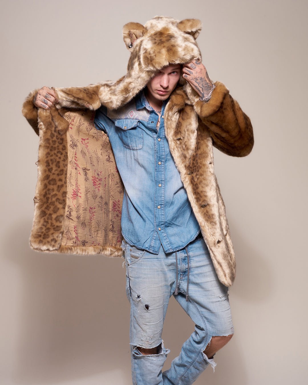 Man wearing African Golden Cat Luxe Classic Faux Fur Coat, front view 1