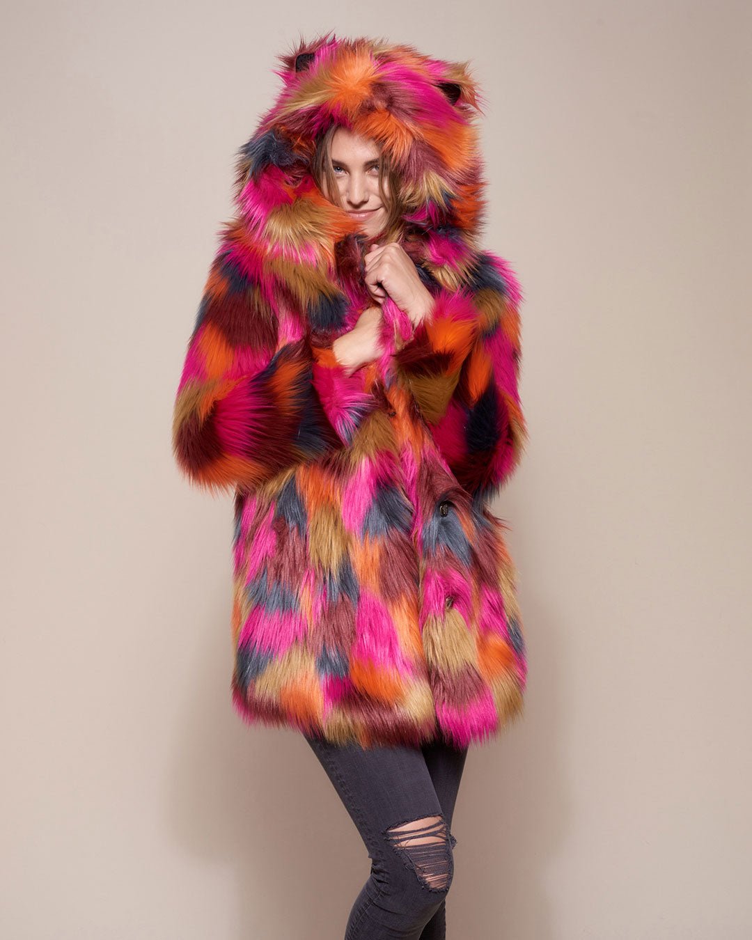 Woman wearing Classic Calico Leopard Faux Fur Coat, front view 1