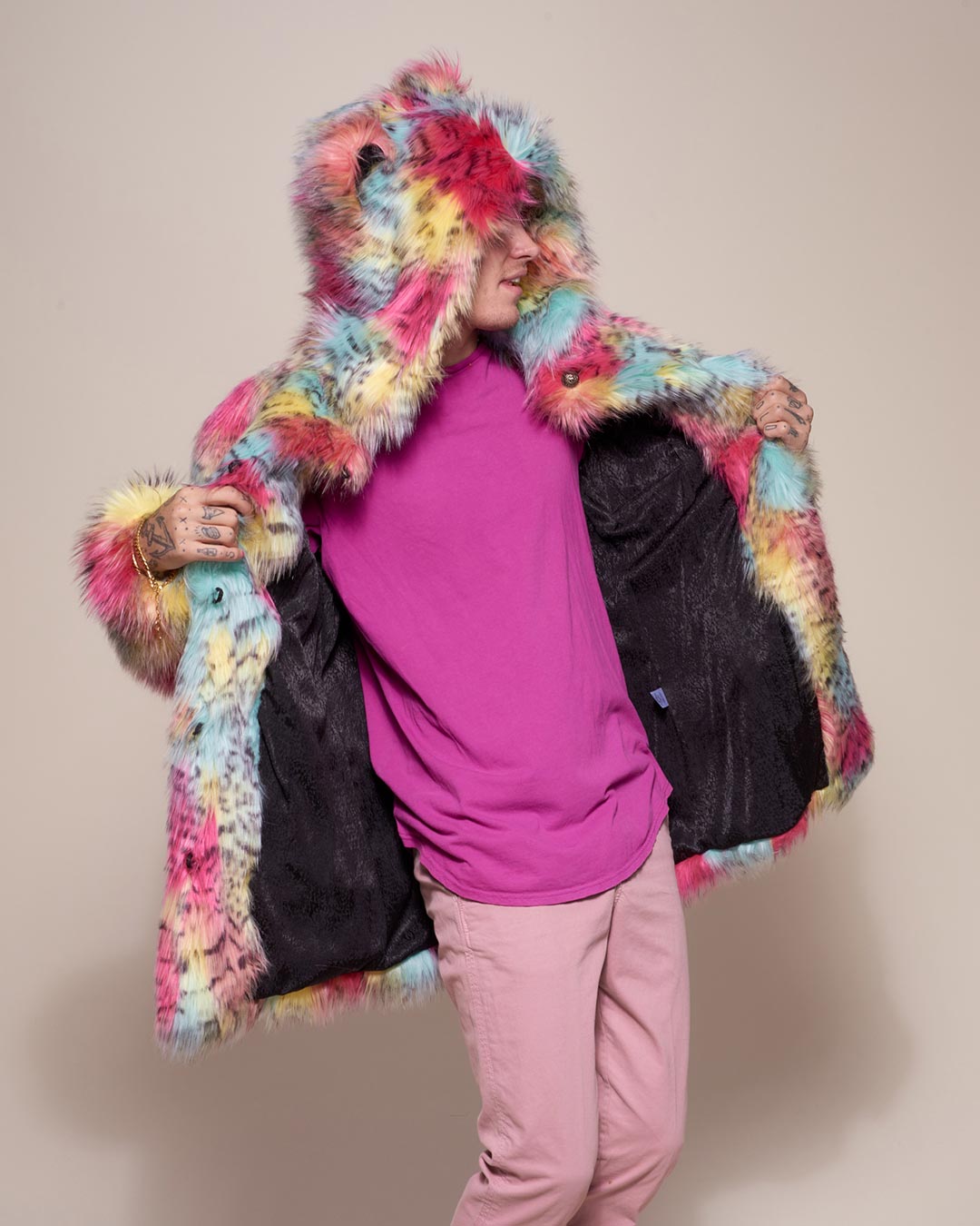Man wearing faux fur Oaxaca Jaguar Classic Faux Fur Coat, front view 3