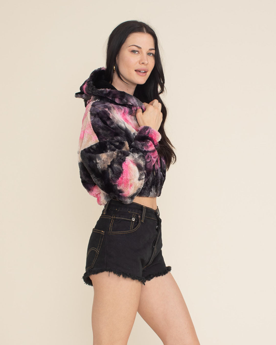 Ink Spotted Leopard Classic Ultra Soft Faux Fur Crop Hoodie | Women's