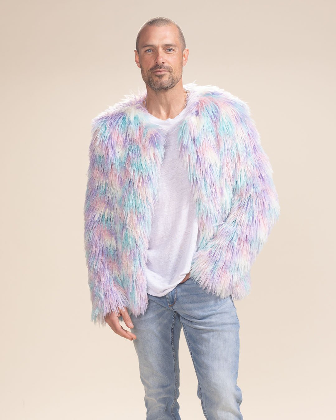Men s Colorful Faux Fur Jacket Aurora Shaggy Mongolian Alpaca SpiritHoods