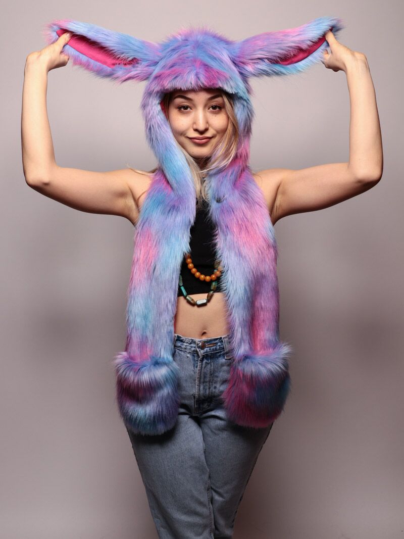 Woman wearing faux fur Cotton Candy Bunny CE SpiritHood