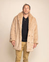 Animal-inspired winter coat for men in Cougar tan, featuring a versatile collar worn up or down, high-quality vegan fur.