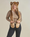 Woman wearing faux fur Coyote Dia De Los Muertos Luxe CE Hood, front view 3