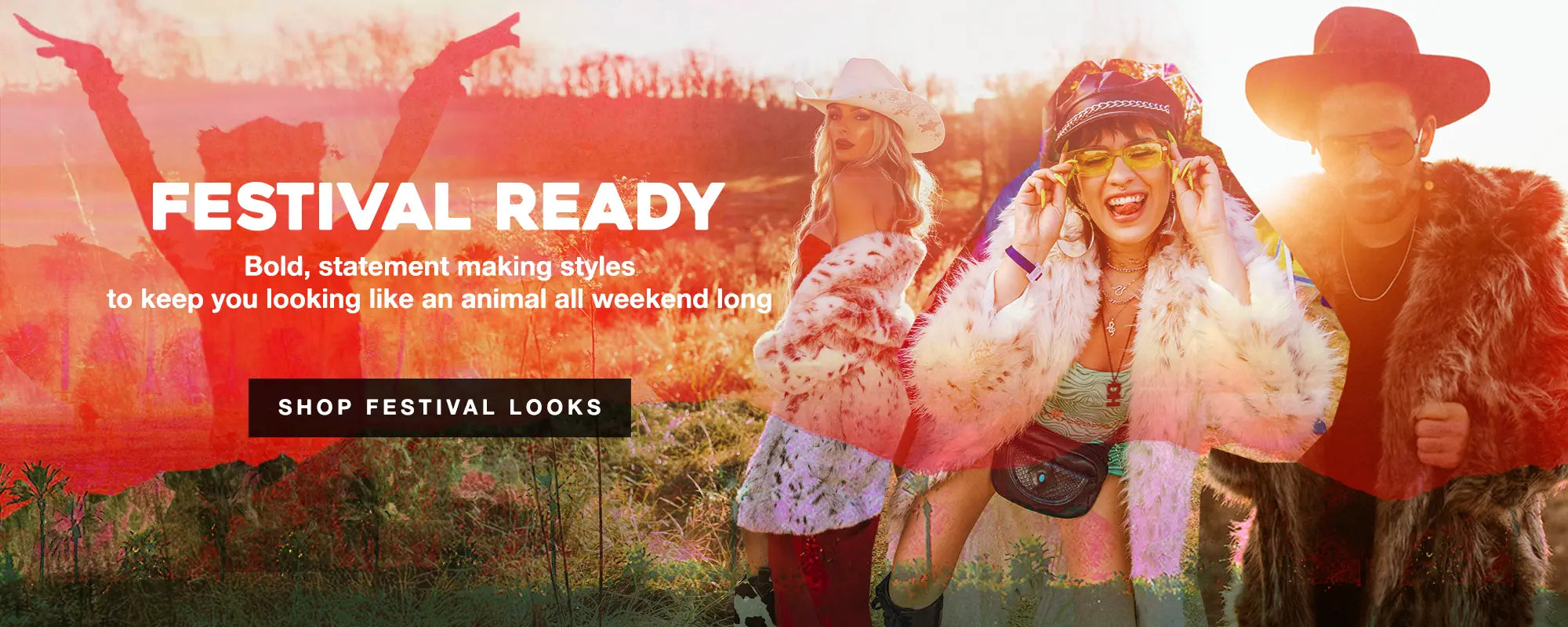 A vibrant festival-themed banner featuring three stylish individuals wearing faux fur coats, sunglasses, and accessories in a sunlit outdoor setting. The bold text 'FESTIVAL READY' appears in white, with a call-to-action button that reads 'SHOP FESTIVAL LOOKS.' The background blends warm hues of red, orange, and yellow, with an overlay of palm trees and a silhouetted figure raising their hands in celebration.
